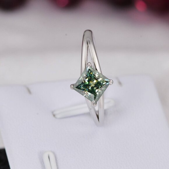1.2ct Moissanite Princess Cut Blue Green Engagement Ring - Picture 5 of 7